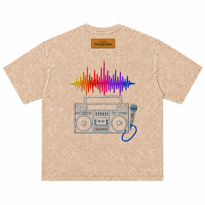 American Vintage Distressed Music Microphone Embroidered Oversized Heavy Cotton Black T-shirt Unisex