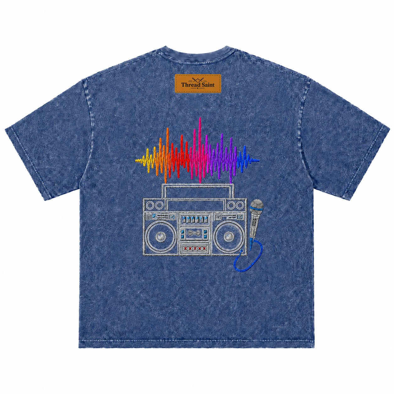American Vintage Distressed Music Microphone Embroidered Oversized Heavy Cotton Black T-shirt Unisex