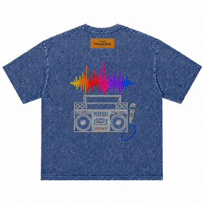 American Vintage Distressed Music Microphone Embroidered Oversized Heavy Cotton Black T-shirt Unisex
