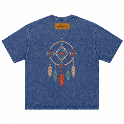 Vintage Washed Textured Black Tee | Western TS Monogram Feather Thread Saint Embroidery Oversized Unisex Top