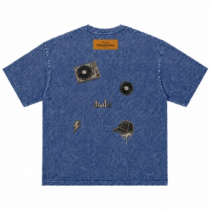 Vintage Washed Textured Black Tee | Thread Saint Curved Star Logo Embroidery Oversized Unisex Top