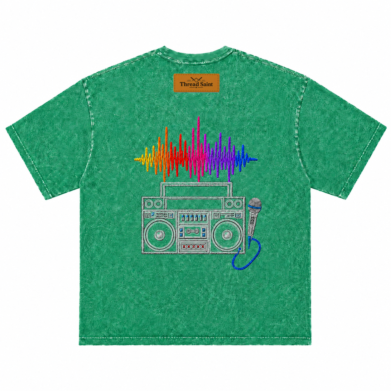 American Vintage Distressed Music Microphone Embroidered Oversized Heavy Cotton Black T-shirt Unisex