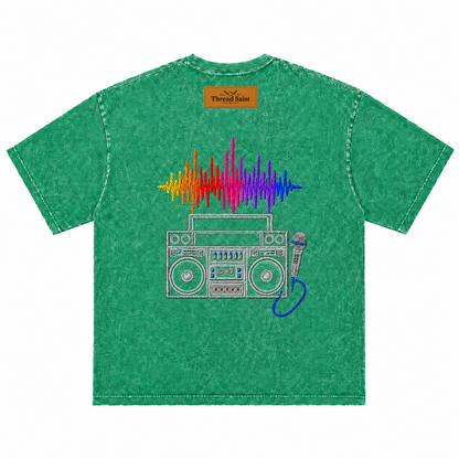 American Vintage Distressed Music Microphone Embroidered Oversized Heavy Cotton Black T-shirt Unisex