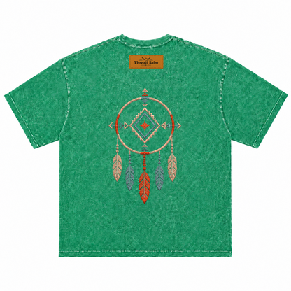 Vintage Washed Textured Black Tee | Western TS Monogram Feather Thread Saint Embroidery Oversized Unisex Top
