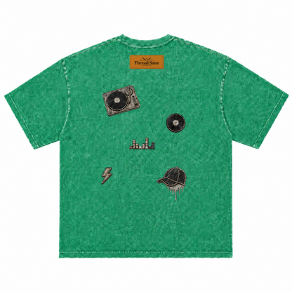 Vintage Washed Textured Black Tee | Thread Saint Curved Star Logo Embroidery Oversized Unisex Top
