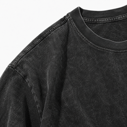 Vintage Washed Textured Black Tee | Gothic Thread Saint Embroidery with Diamond Accents Oversized Unisex Top