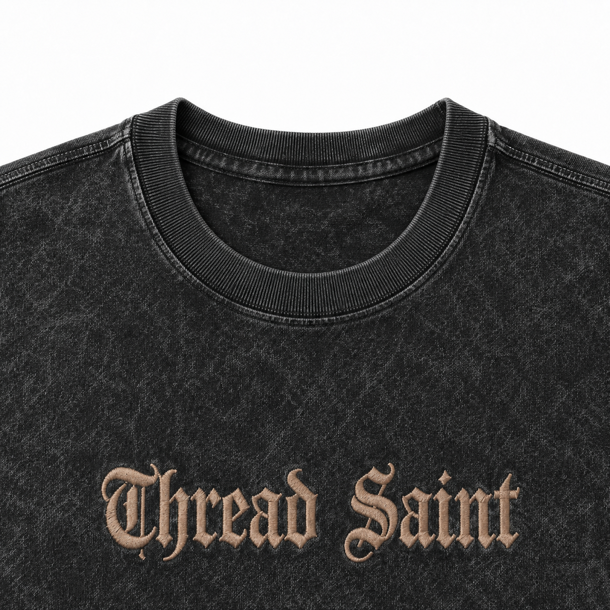 Vintage Washed Textured Black Tee | Gothic Thread Saint Letter Embroidery Oversized Unisex Top