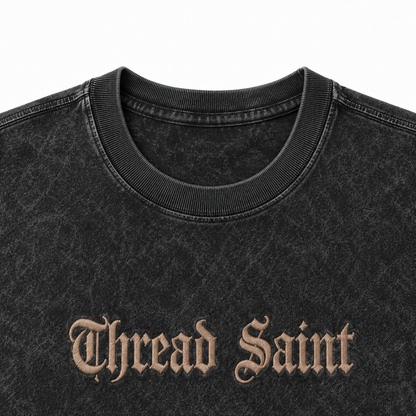 Vintage Washed Textured Black Tee | Gothic Thread Saint Letter Embroidery Oversized Unisex Top