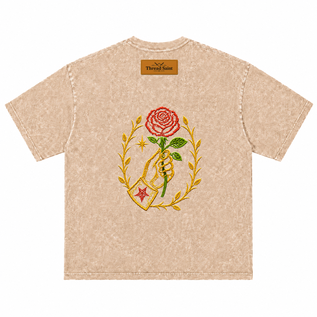 Vintage Washed Textured Black Tee | Thread Saint Rose Embroidery Oversized Unisex Top