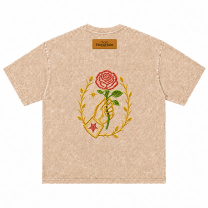 Vintage Washed Textured Black Tee | Thread Saint Rose Embroidery Oversized Unisex Top