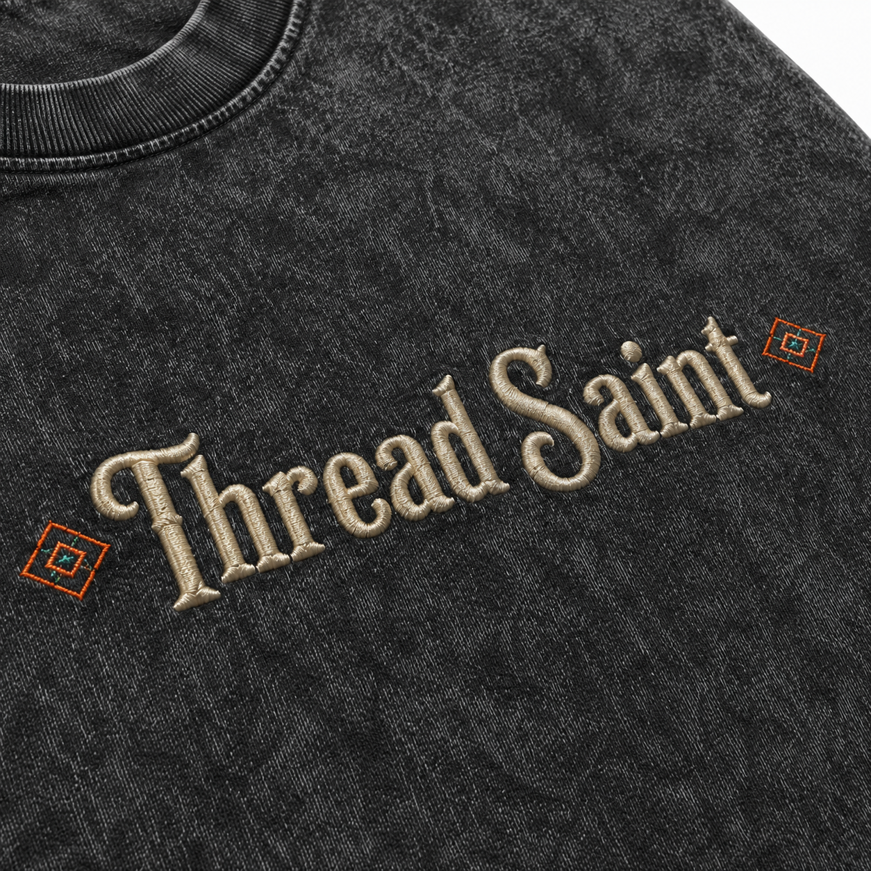 Vintage Washed Textured Black Tee | Gothic Thread Saint Embroidery with Diamond Accents Oversized Unisex Top