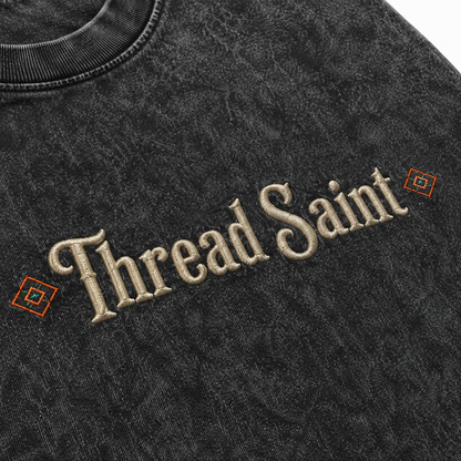 Vintage Washed Textured Black Tee | Gothic Thread Saint Embroidery with Diamond Accents Oversized Unisex Top