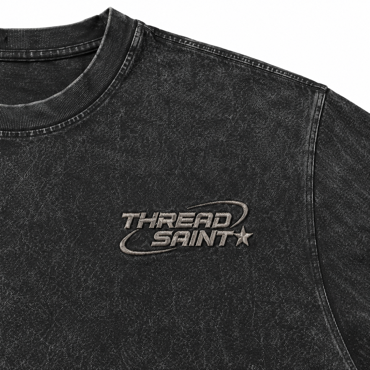 Vintage Washed Textured Black Tee | Thread Saint Curved Star Logo Embroidery Oversized Unisex Top