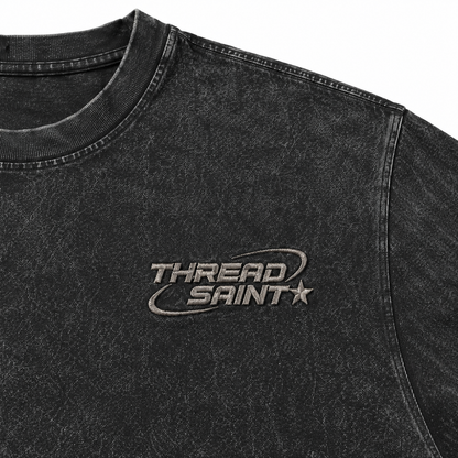 Vintage Washed Textured Black Tee | Thread Saint Curved Star Logo Embroidery Oversized Unisex Top