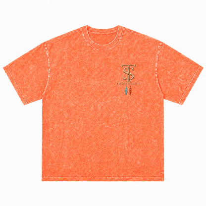 Vintage Washed Textured Black Tee | Western TS Monogram Feather Thread Saint Embroidery Oversized Unisex Top