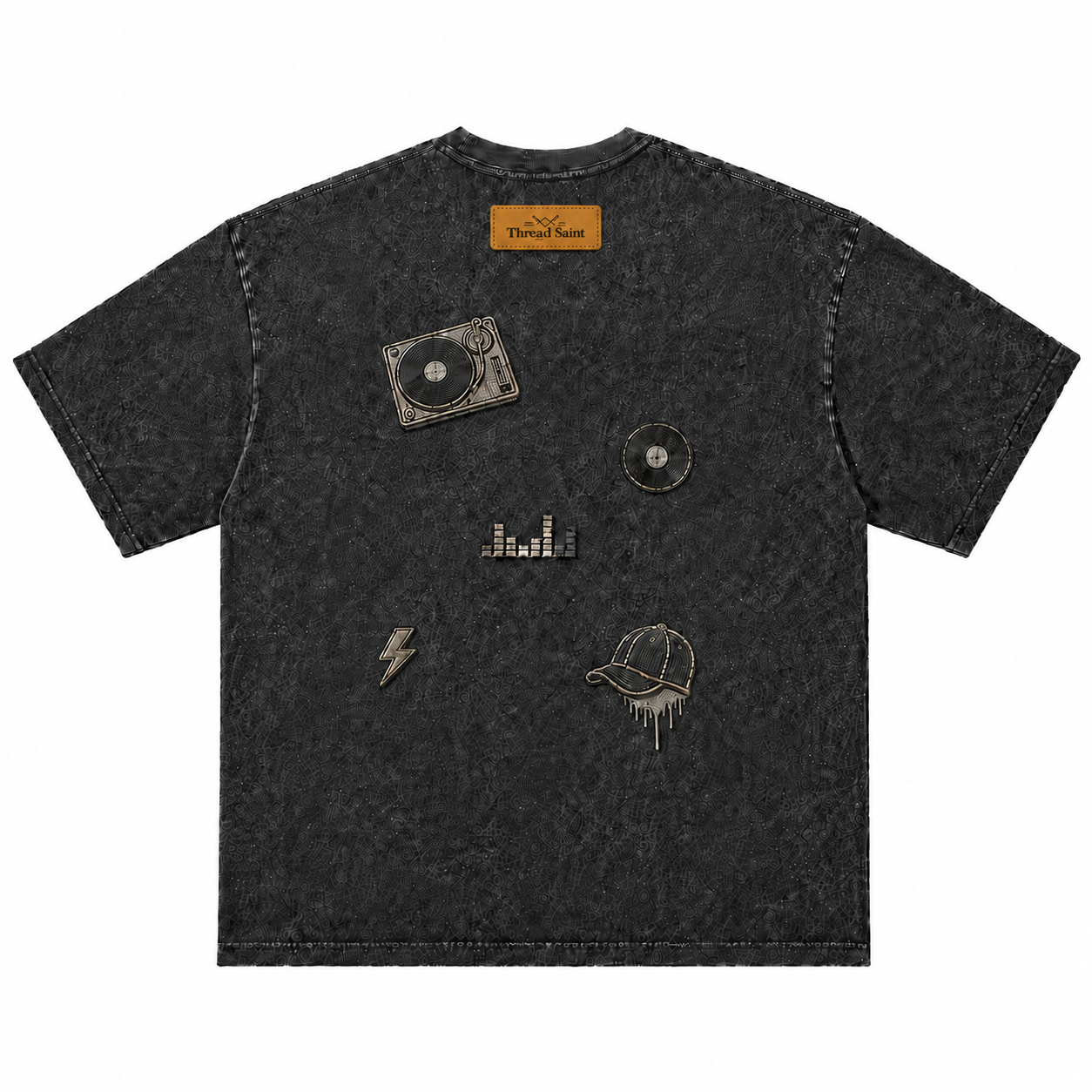 Vintage Washed Textured Black Tee | Thread Saint Curved Star Logo Embroidery Oversized Unisex Top