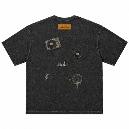 Vintage Washed Textured Black Tee | Thread Saint Curved Star Logo Embroidery Oversized Unisex Top