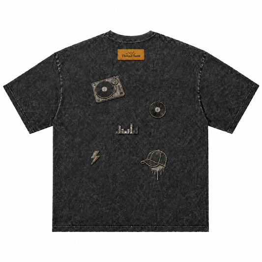 Vintage Washed Textured Black Tee | Thread Saint Curved Star Logo Embroidery Oversized Unisex Top