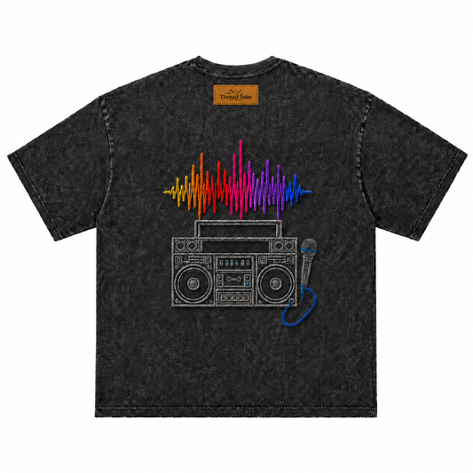 American Vintage Distressed Music Microphone Embroidered Oversized Heavy Cotton Black T-shirt Unisex