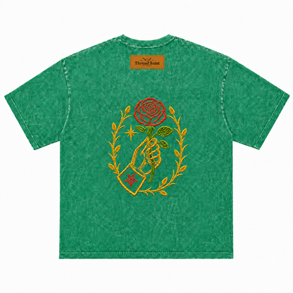 Vintage Washed Textured Black Tee | Thread Saint Rose Embroidery Oversized Unisex Top