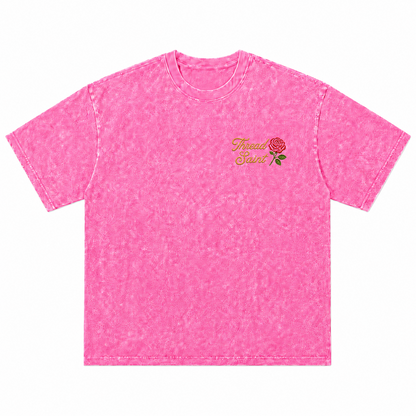 Vintage Washed Textured Black Tee | Thread Saint Rose Embroidery Oversized Unisex Top