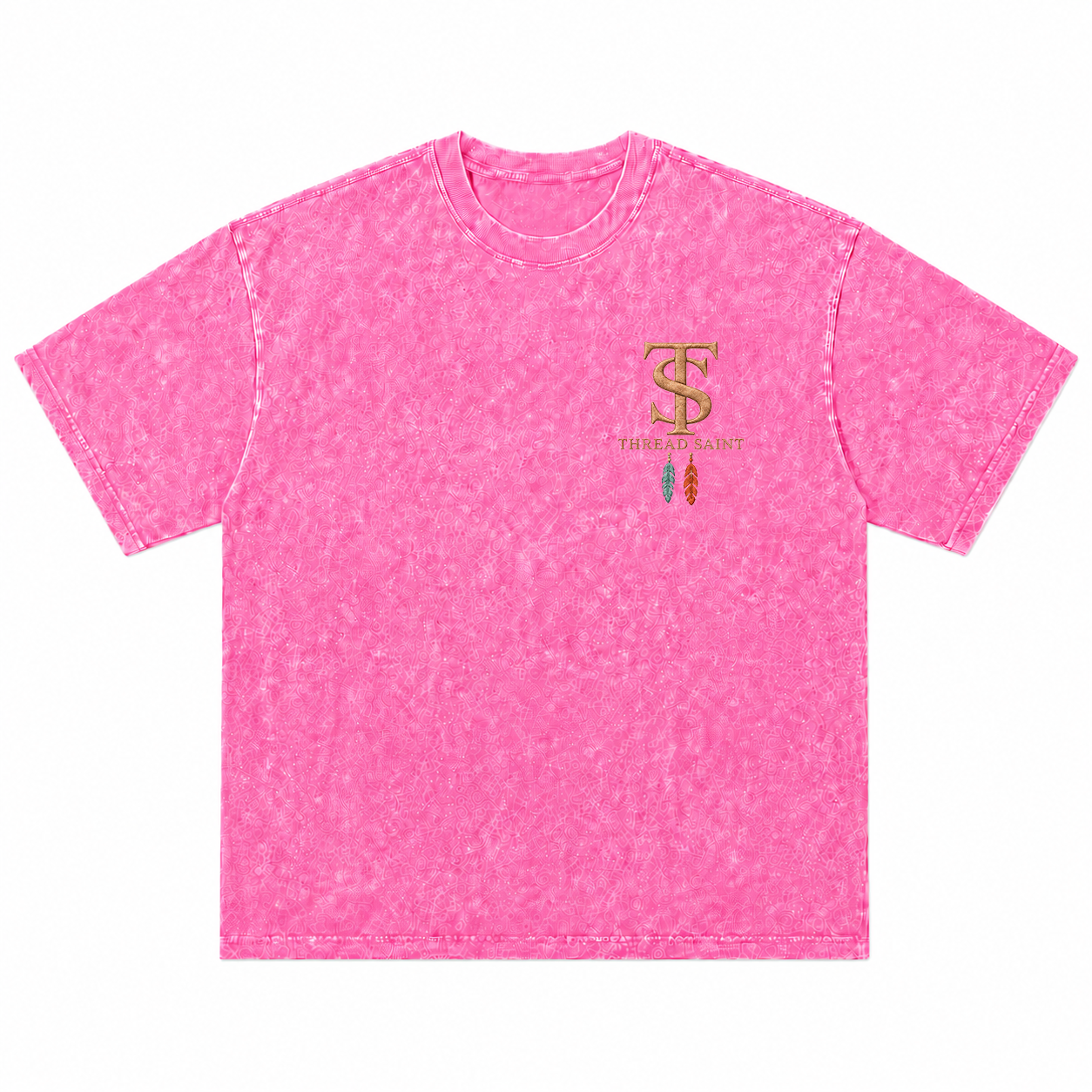 Vintage Washed Textured Black Tee | Western TS Monogram Feather Thread Saint Embroidery Oversized Unisex Top