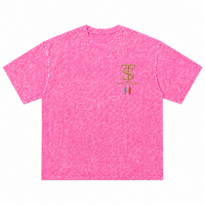Vintage Washed Textured Black Tee | Western TS Monogram Feather Thread Saint Embroidery Oversized Unisex Top