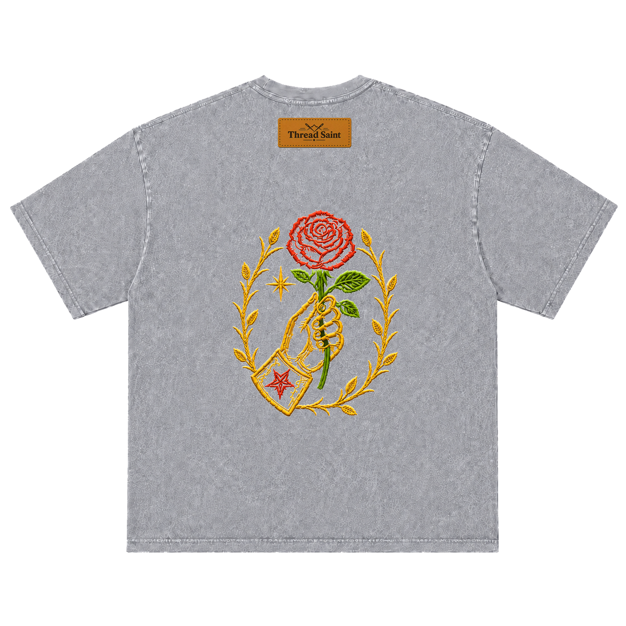 Vintage Washed Textured Black Tee | Thread Saint Rose Embroidery Oversized Unisex Top