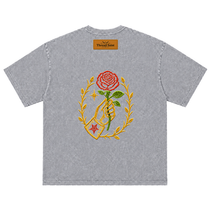 Vintage Washed Textured Black Tee | Thread Saint Rose Embroidery Oversized Unisex Top