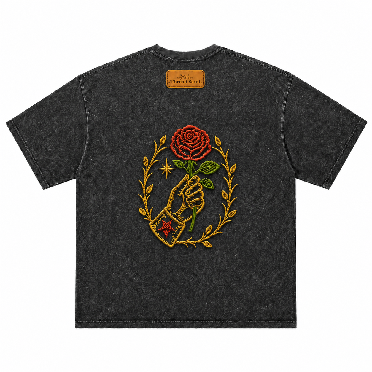 Vintage Washed Textured Black Tee | Thread Saint Rose Embroidery Oversized Unisex Top