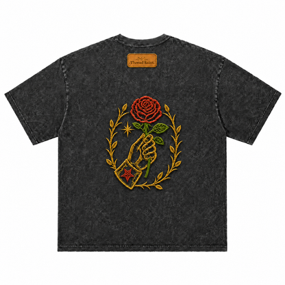 Vintage Washed Textured Black Tee | Thread Saint Rose Embroidery Oversized Unisex Top