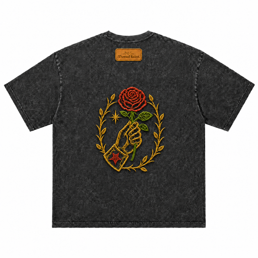 Vintage Washed Textured Black Tee | Thread Saint Rose Embroidery Oversized Unisex Top