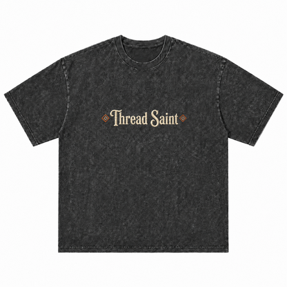 Vintage Washed Textured Black Tee | Gothic Thread Saint Embroidery with Diamond Accents Oversized Unisex Top