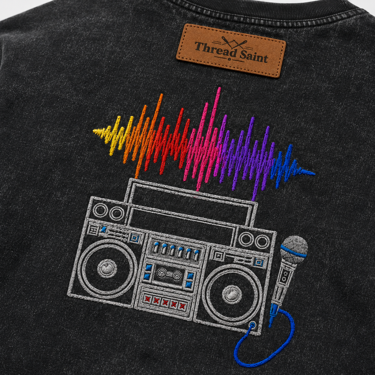 American Vintage Distressed Music Microphone Embroidered Oversized Heavy Cotton Black T-shirt Unisex