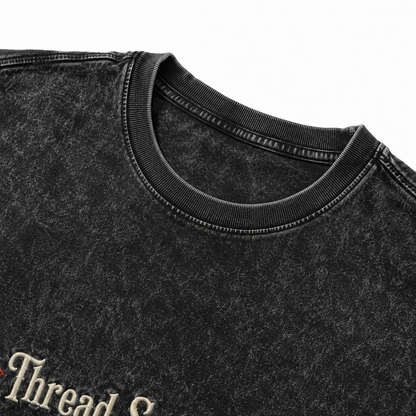 Vintage Washed Textured Black Tee | Gothic Thread Saint Embroidery with Diamond Accents Oversized Unisex Top