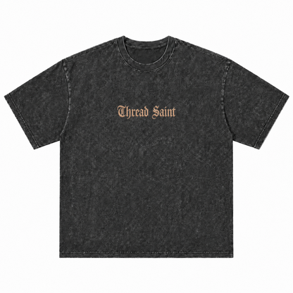 Vintage Washed Textured Black Tee | Gothic Thread Saint Letter Embroidery Oversized Unisex Top