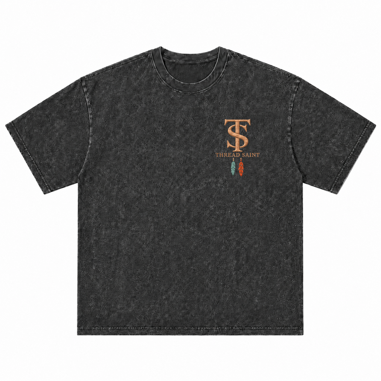 Vintage Washed Textured Black Tee | Western TS Monogram Feather Thread Saint Embroidery Oversized Unisex Top