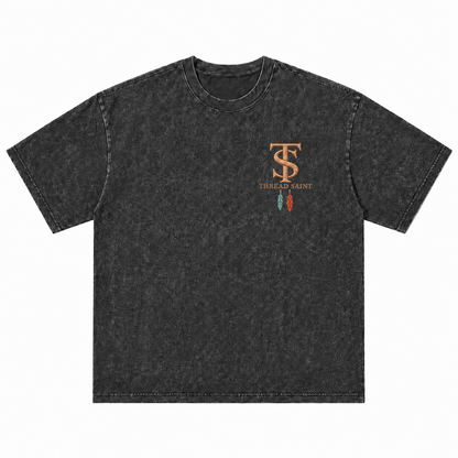Vintage Washed Textured Black Tee | Western TS Monogram Feather Thread Saint Embroidery Oversized Unisex Top
