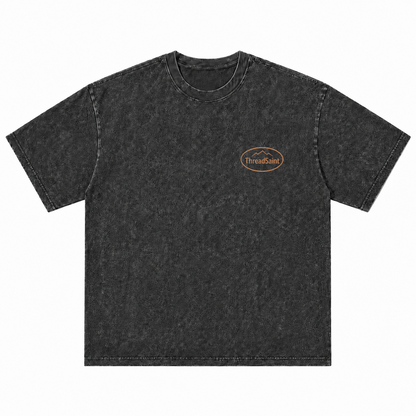 Vintage Washed Textured Black Tee | Oval Mountain Thread Saint Badge Embroidery Oversized Unisex Top