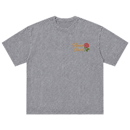 Vintage Washed Textured Black Tee | Thread Saint Rose Embroidery Oversized Unisex Top