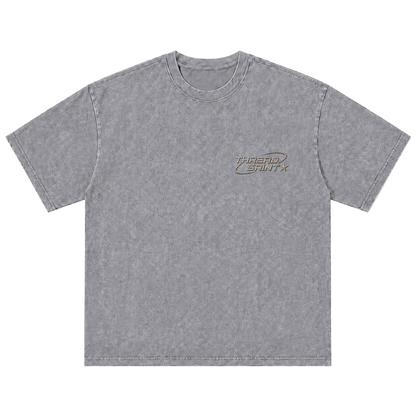 Vintage Washed Textured Black Tee | Thread Saint Curved Star Logo Embroidery Oversized Unisex Top