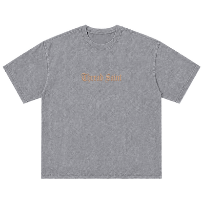 Vintage Washed Textured Black Tee | Gothic Thread Saint Letter Embroidery Oversized Unisex Top