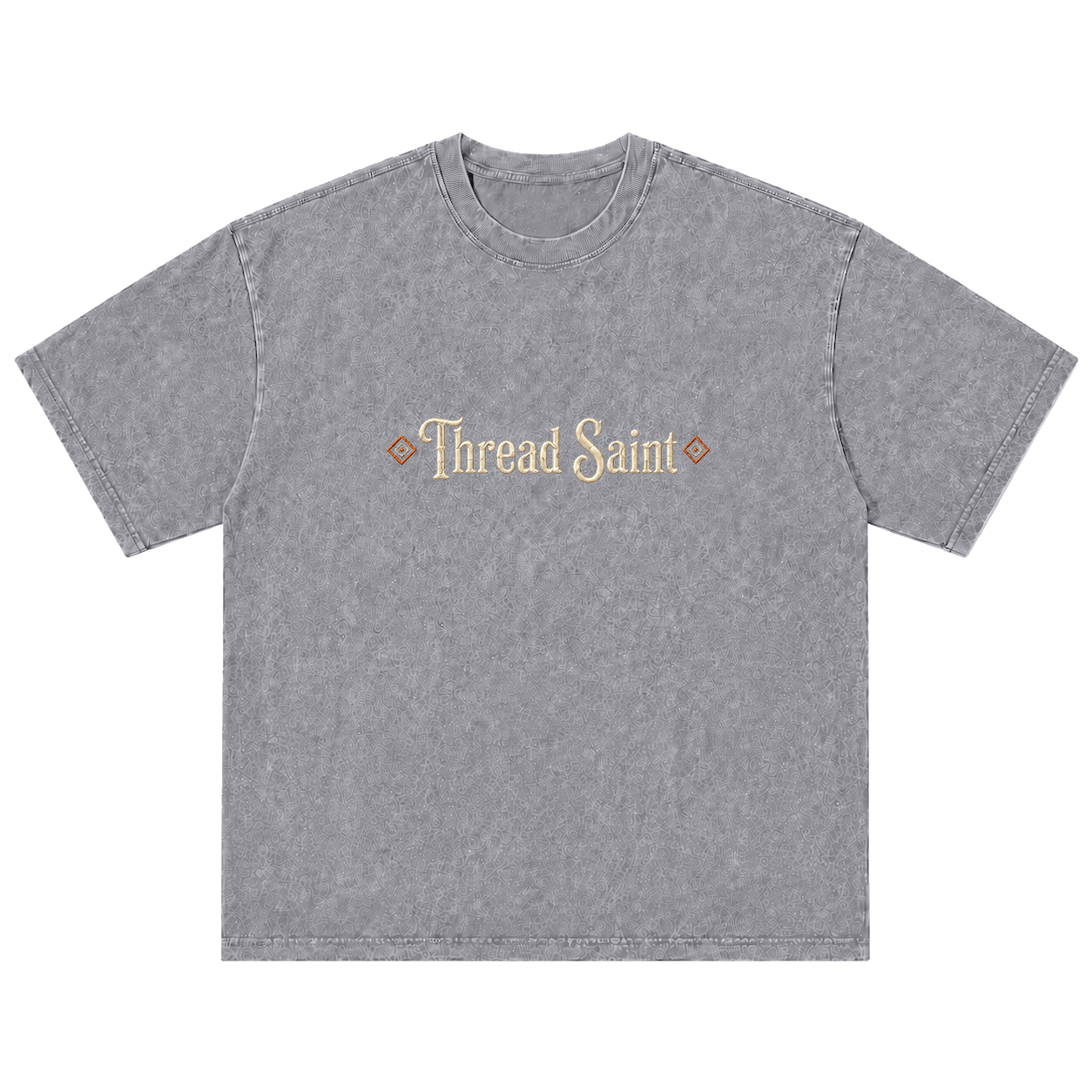 Vintage Washed Textured Black Tee | Gothic Thread Saint Embroidery with Diamond Accents Oversized Unisex Top