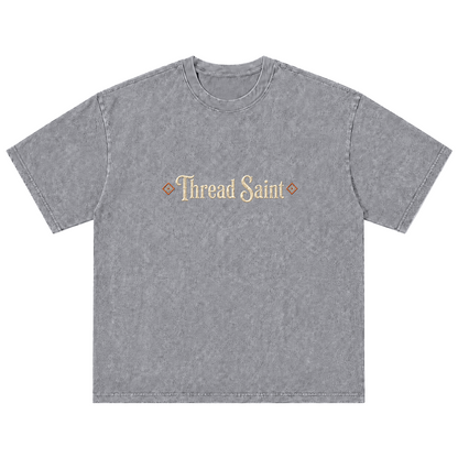 Vintage Washed Textured Black Tee | Gothic Thread Saint Embroidery with Diamond Accents Oversized Unisex Top