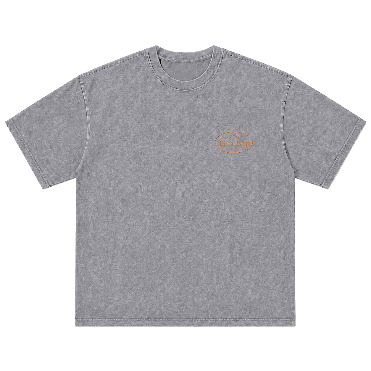 Vintage Washed Textured Black Tee | Oval Mountain Thread Saint Badge Embroidery Oversized Unisex Top