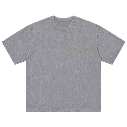 Vintage Washed Textured Black Tee | Oval Mountain Thread Saint Badge Embroidery Oversized Unisex Top