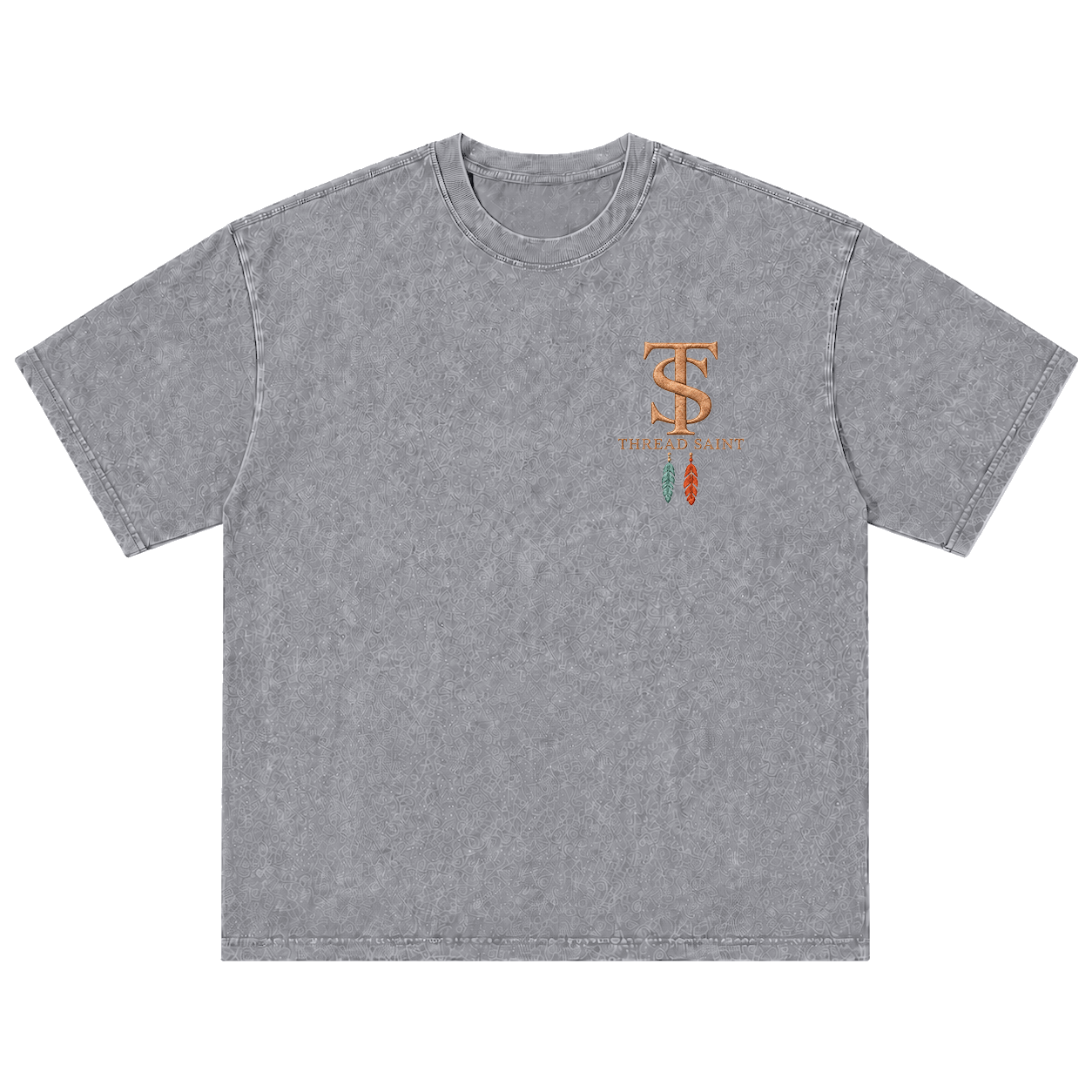 Vintage Washed Textured Black Tee | Western TS Monogram Feather Thread Saint Embroidery Oversized Unisex Top