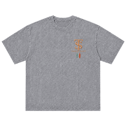 Vintage Washed Textured Black Tee | Western TS Monogram Feather Thread Saint Embroidery Oversized Unisex Top