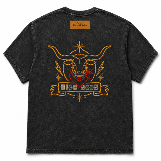 Vintage Western Style Golden Bull Embroidery Distressed Oversized Drop Shoulder Short Sleeve Tee