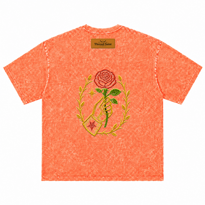 Vintage Washed Textured Black Tee | Thread Saint Rose Embroidery Oversized Unisex Top